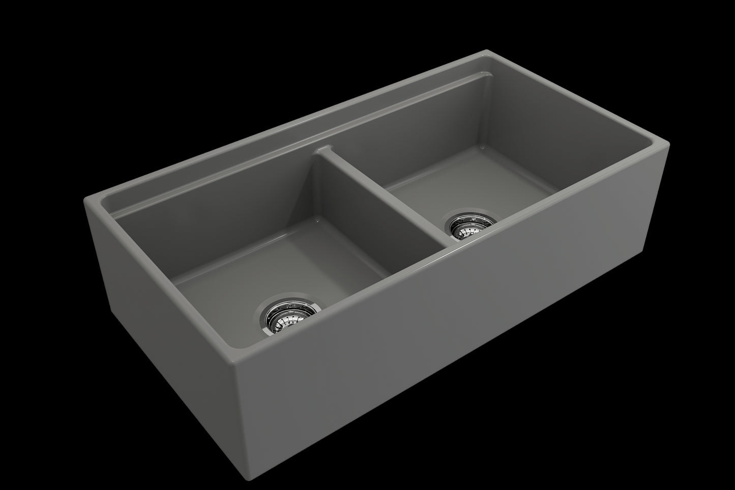 BOCCHI CONTEMPO 36" Step Rim Fireclay Farmhouse Double Bowl Kitchen Sink with Protective Bottom Grid and Strainer - Matte Gray