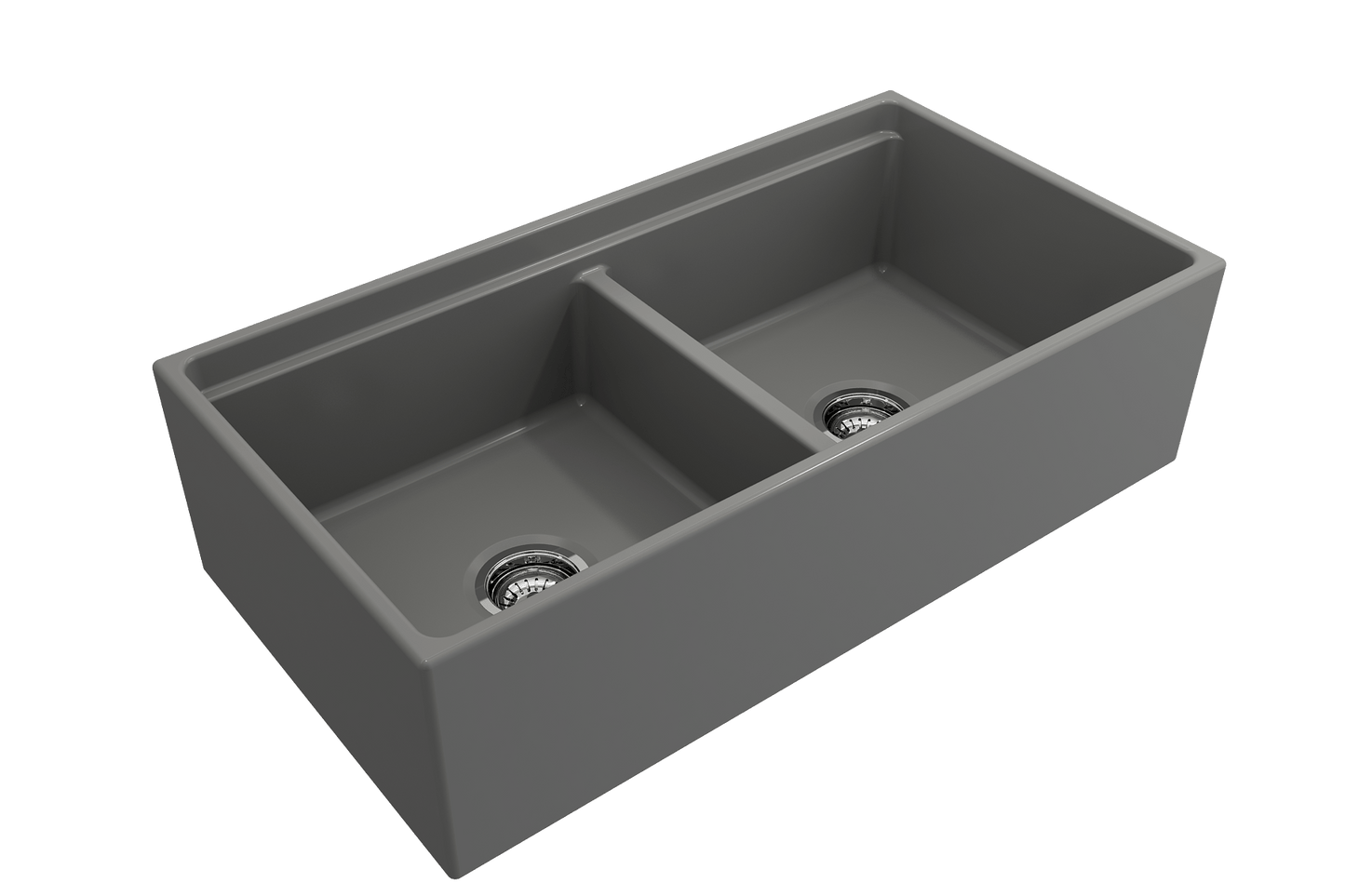 BOCCHI CONTEMPO 36" Step Rim Fireclay Farmhouse Double Bowl Kitchen Sink with Protective Bottom Grid and Strainer in gray finish