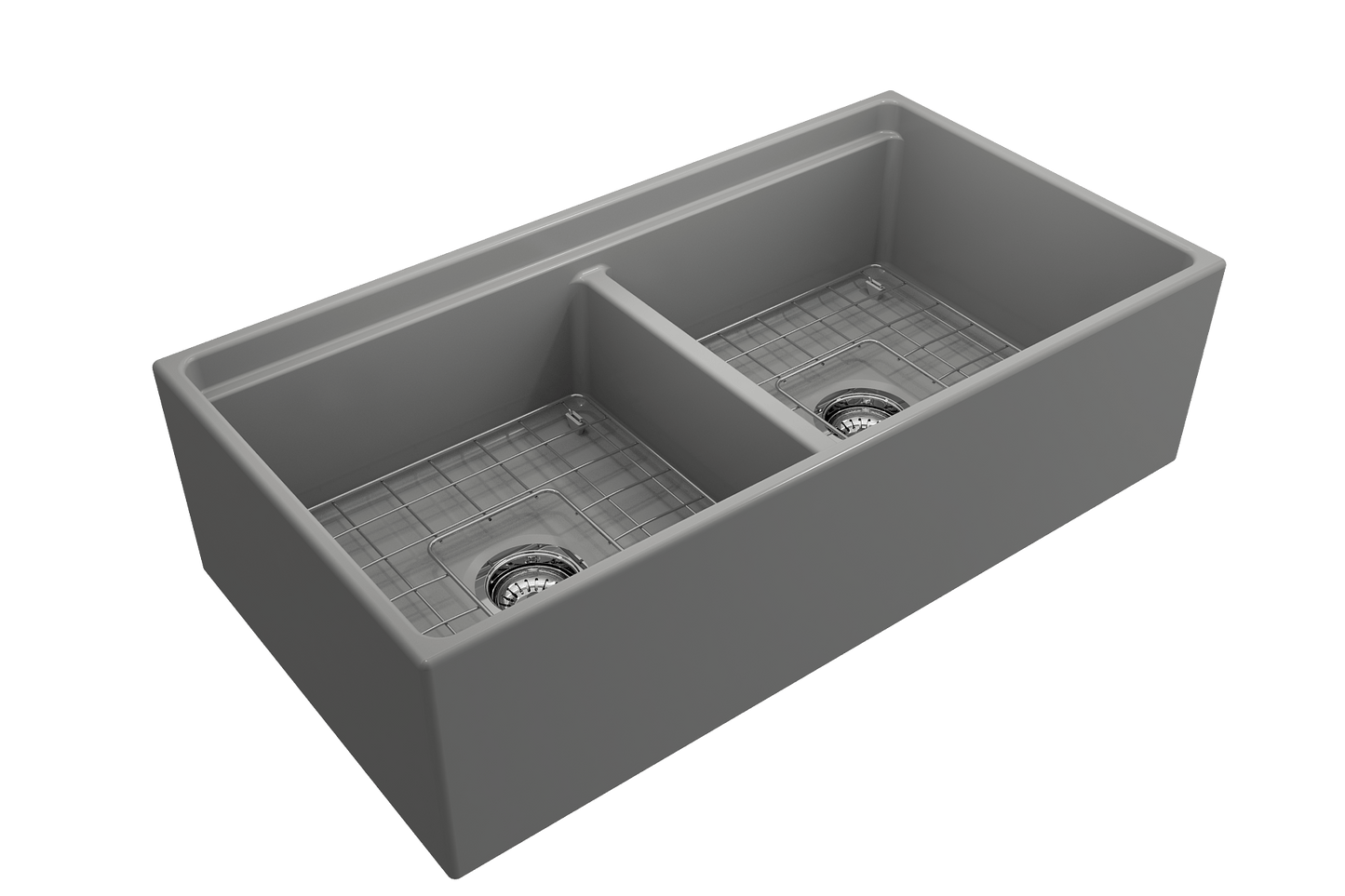 BOCCHI CONTEMPO 36" Step Rim Fireclay Farmhouse Double Bowl Kitchen Sink with Protective Bottom Grid and Strainer in gray finish, top angled view.