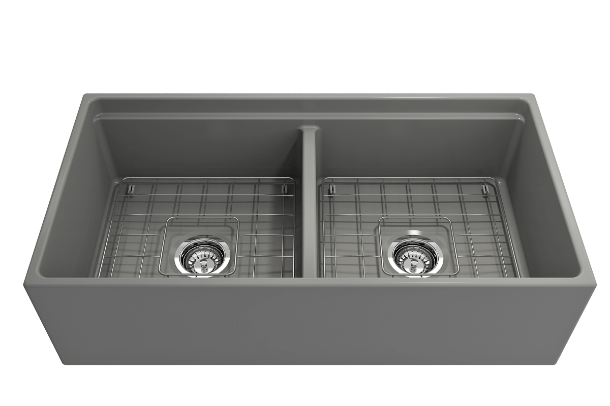 BOCCHI CONTEMPO 36" Step Rim Fireclay Farmhouse Double Bowl Kitchen Sink with Protective Bottom Grid and Strainer, top view, gray finish.