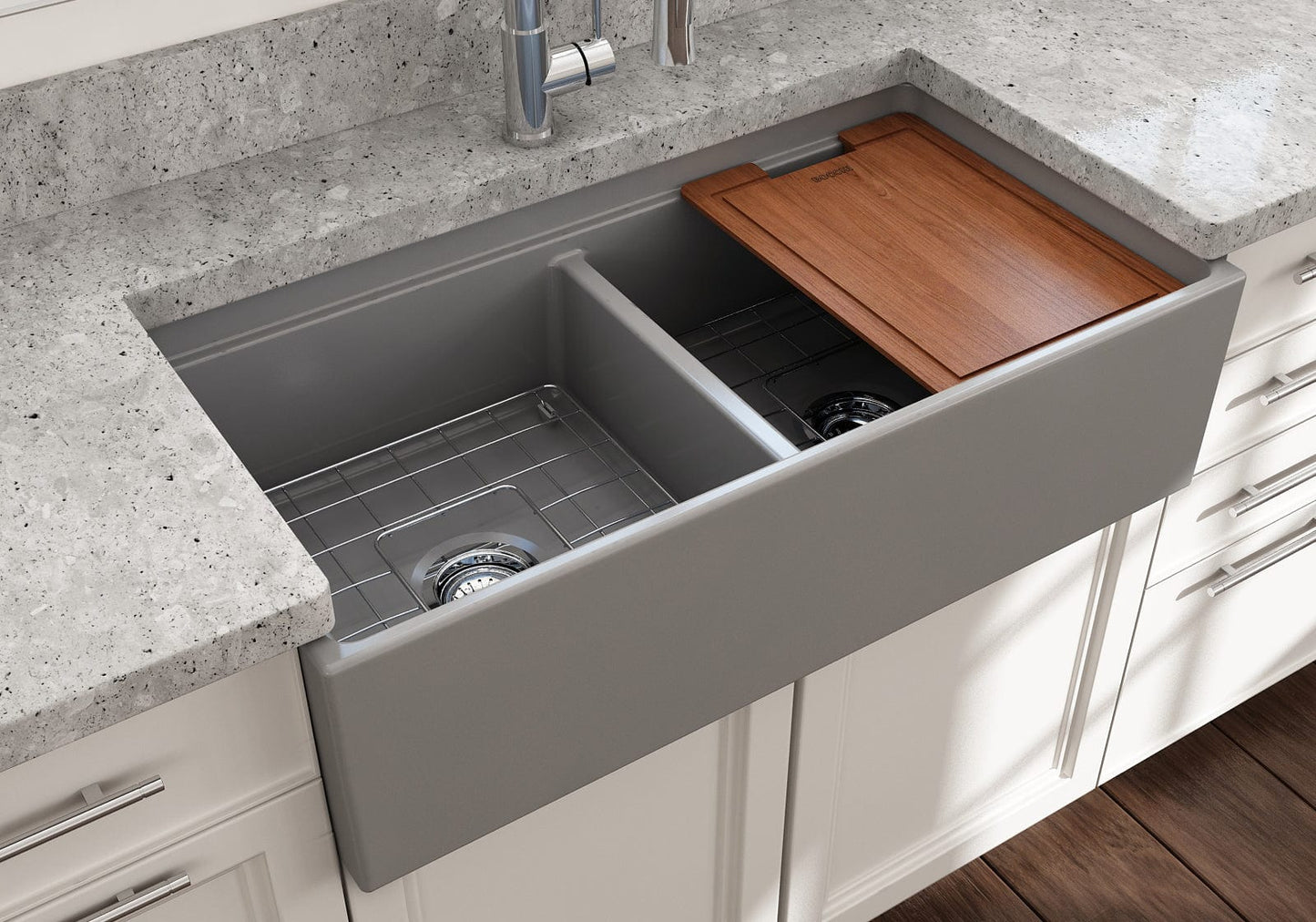 BOCCHI CONTEMPO 36" Step Rim Fireclay Farmhouse Double Bowl Kitchen Sink with Protective Bottom Grid and Strainer, top view.