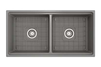 BOCCHI CONTEMPO 36" Step Rim Fireclay Farmhouse Double Bowl Kitchen Sink with Protective Bottom Grid and Strainer