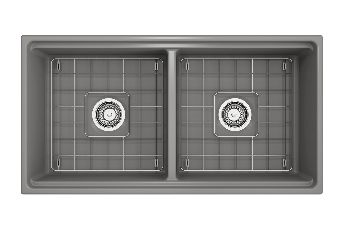 Top view of BOCCHI CONTEMPO 36" Step Rim Fireclay Farmhouse Double Bowl Kitchen Sink with Protective Bottom Grid and Strainer in Matte Gray.