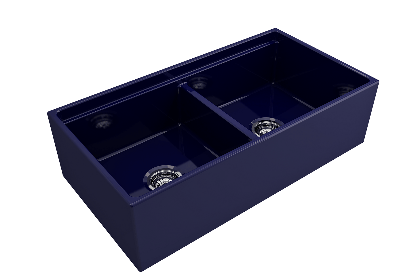 BOCCHI CONTEMPO 36" Step Rim Fireclay Farmhouse Double Bowl Kitchen Sink with Protective Bottom Grid and Strainer in navy finish, angled view.