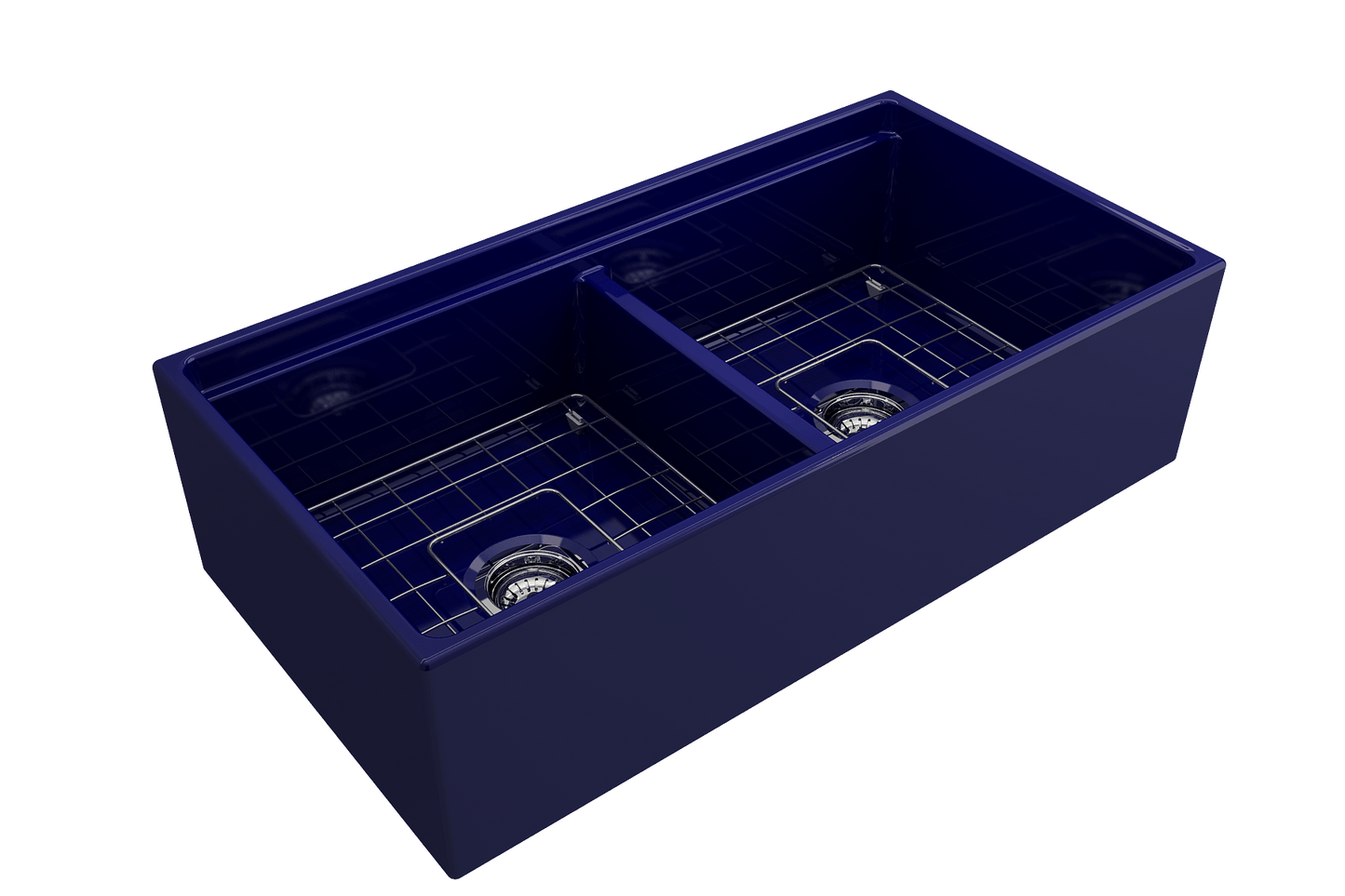 BOCCHI CONTEMPO 36" Step Rim Fireclay Farmhouse Double Bowl Kitchen Sink with Protective Bottom Grid and Strainer - navy blue finish, top view.