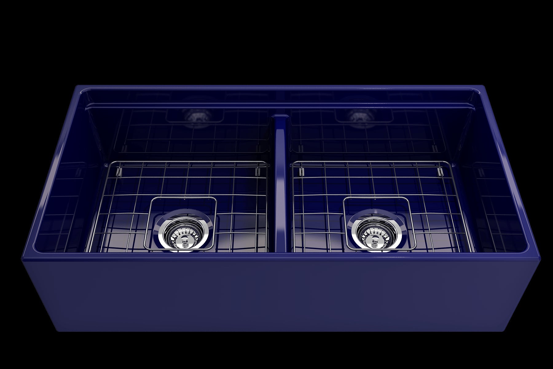 BOCCHI CONTEMPO 36" Step Rim Fireclay Farmhouse Double Bowl Kitchen Sink with Protective Bottom Grid and Strainer - Sapphire Blue