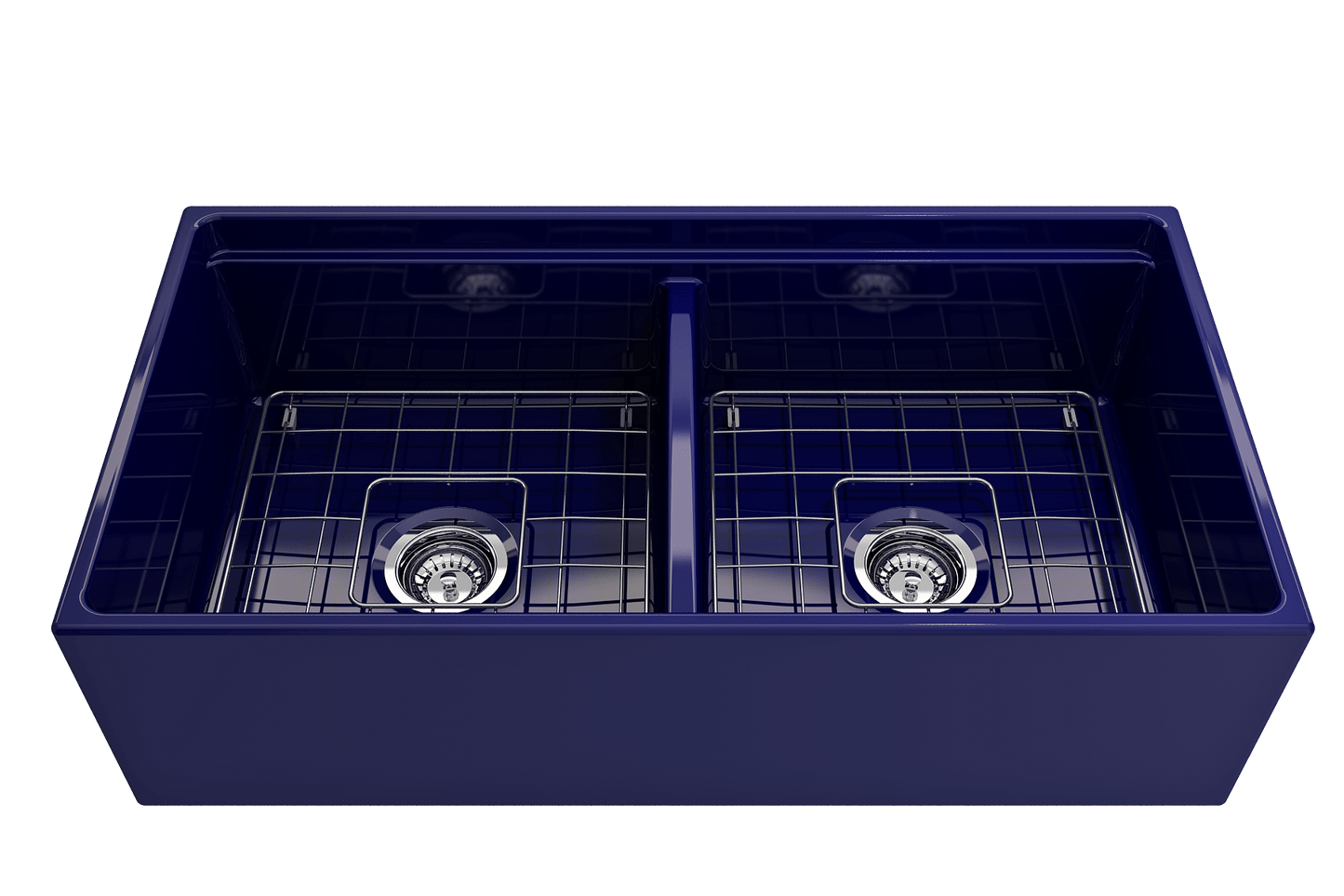 BOCCHI CONTEMPO 36" Step Rim Fireclay Farmhouse Double Bowl Kitchen Sink with Protective Bottom Grid and Strainer - Top view in deep blue finish.