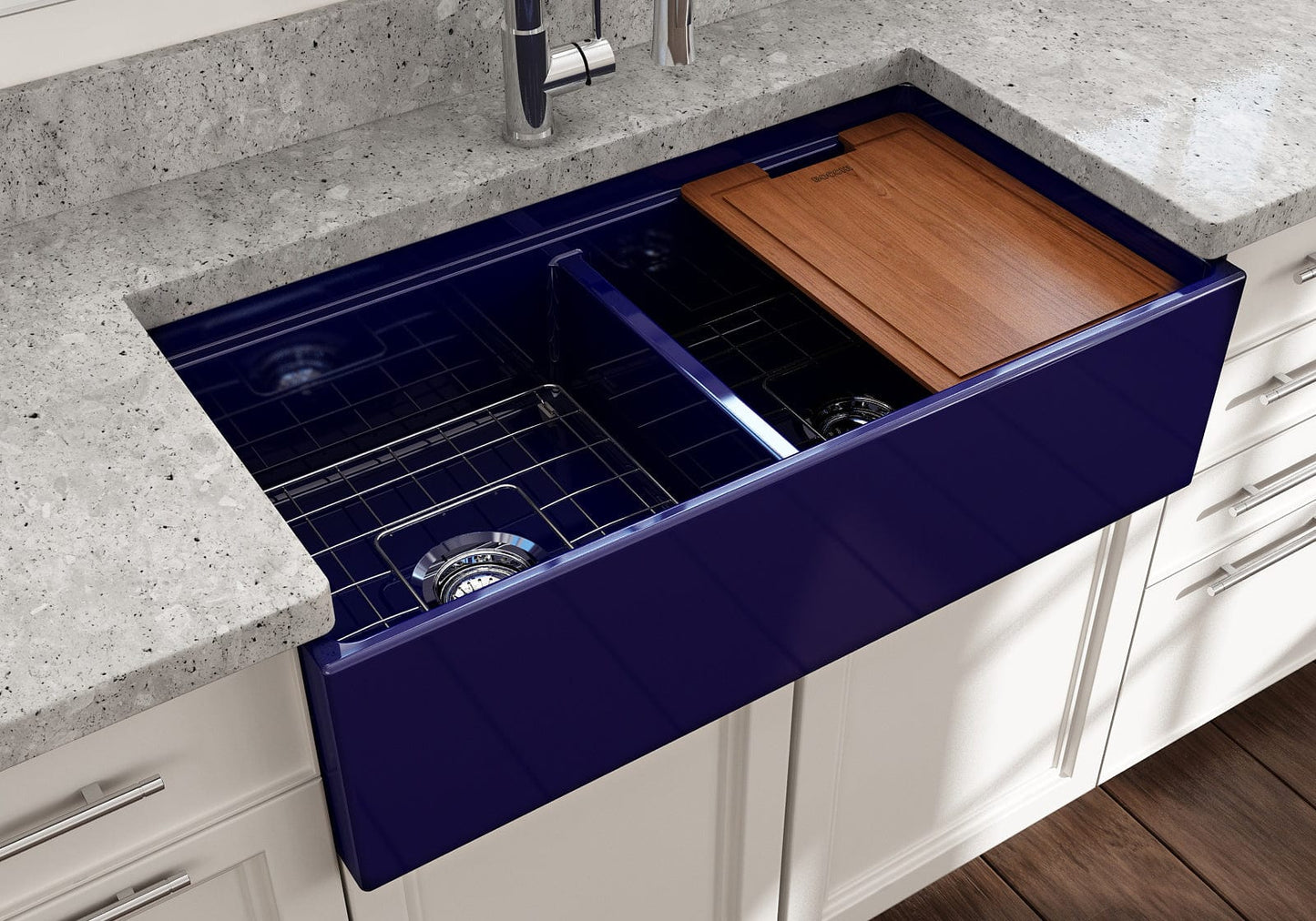 BOCCHI CONTEMPO 36" Step Rim Fireclay Farmhouse Double Bowl Kitchen Sink with Protective Bottom Grid and Strainer in navy blue view from above with cutting board