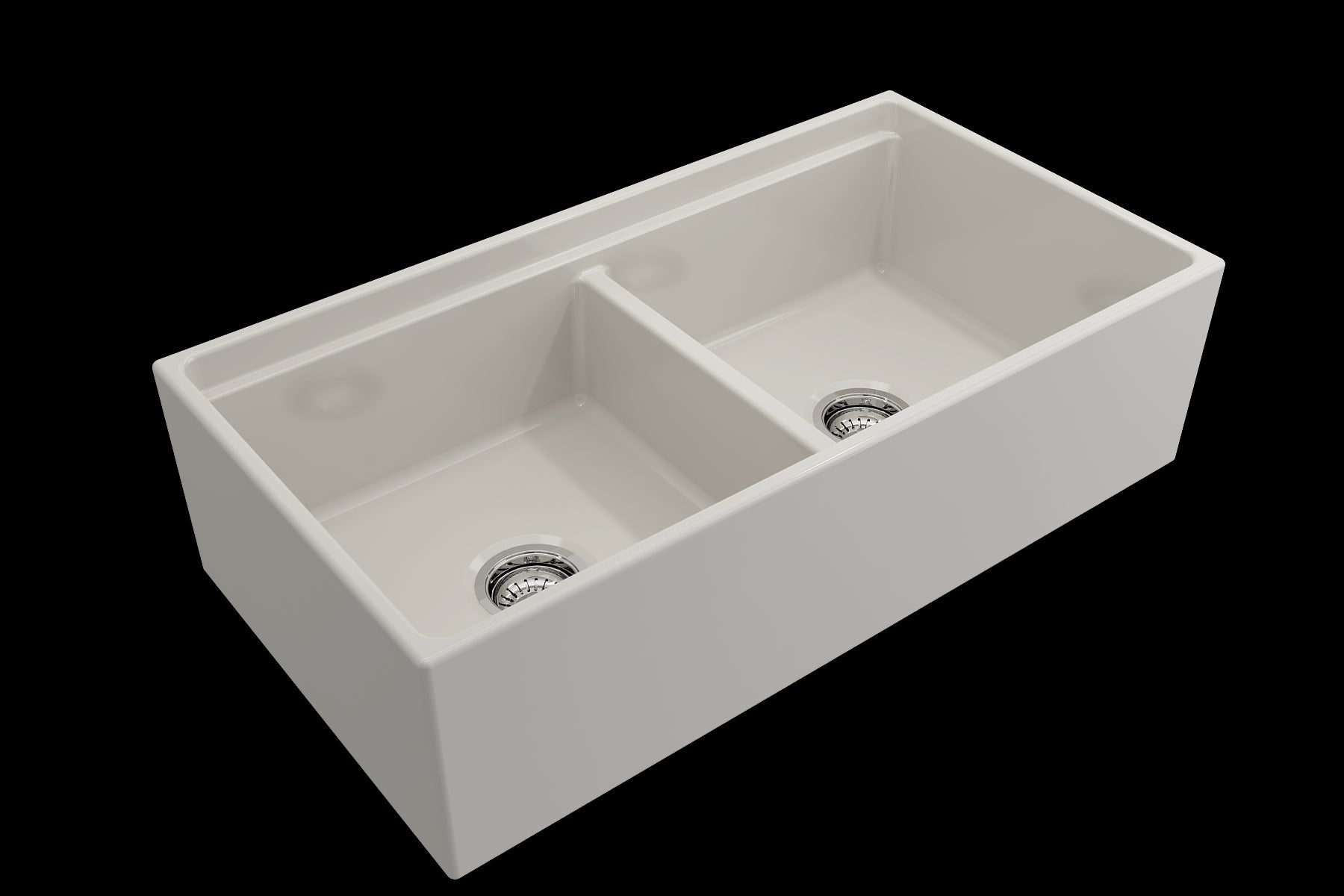 BOCCHI CONTEMPO 36" Step Rim Fireclay Farmhouse Double Bowl Kitchen Sink with Protective Bottom Grid and Strainer - Biscuit