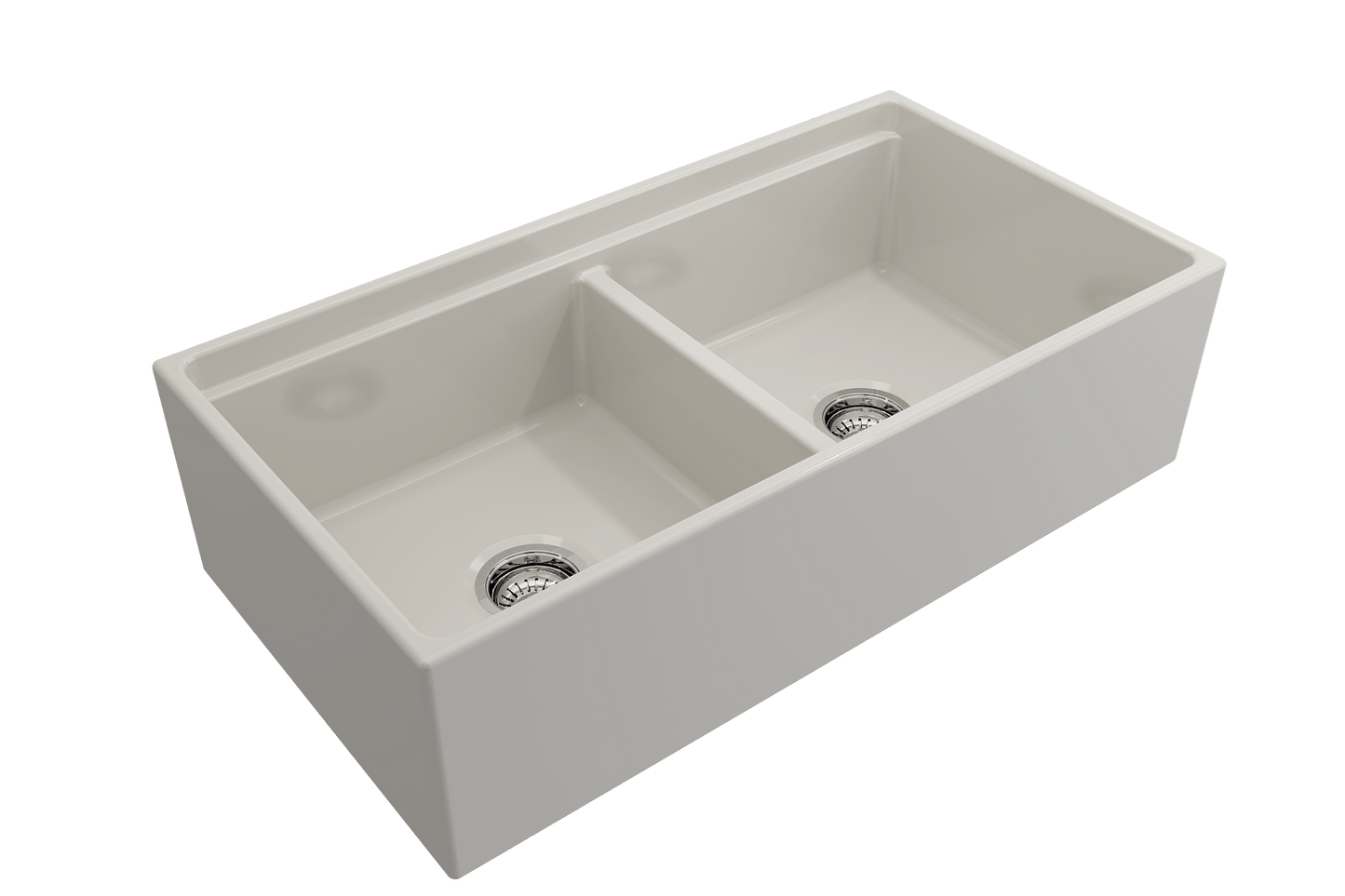 BOCCHI CONTEMPO 36" Step Rim Fireclay Farmhouse Double Bowl Kitchen Sink with Protective Bottom Grid and Strainer, right side view.