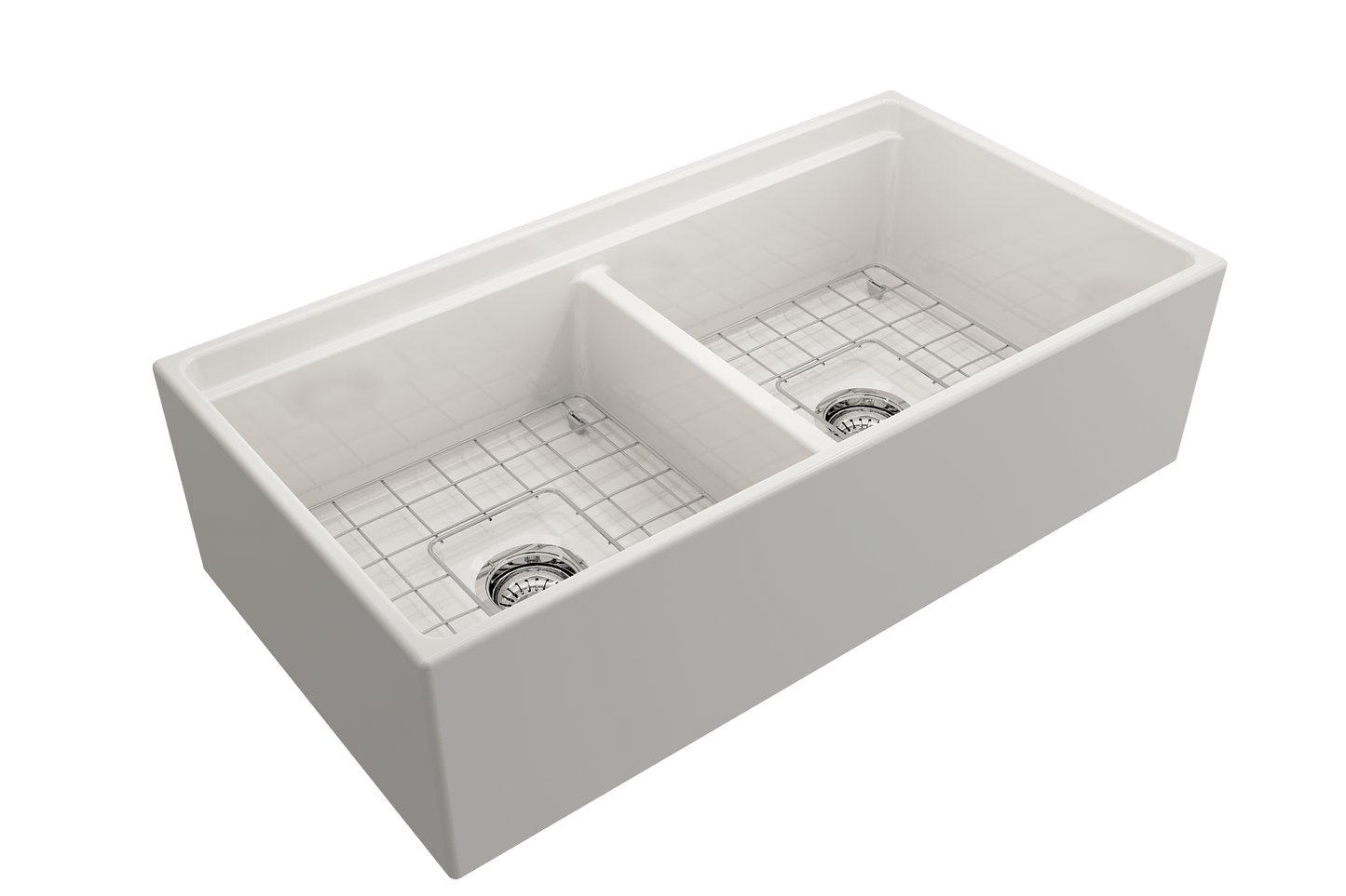 BOCCHI CONTEMPO 36" Step Rim Fireclay Farmhouse Double Bowl Kitchen Sink with Protective Bottom Grid and Strainer, top view, white finish.