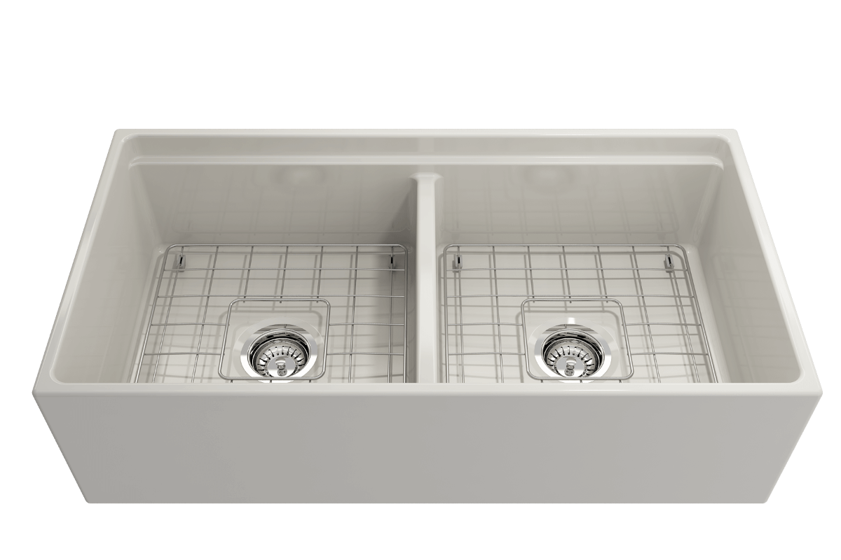 Top view of BOCCHI CONTEMPO 36" Step Rim Fireclay Farmhouse Double Bowl Kitchen Sink with Protective Bottom Grid and Strainer.