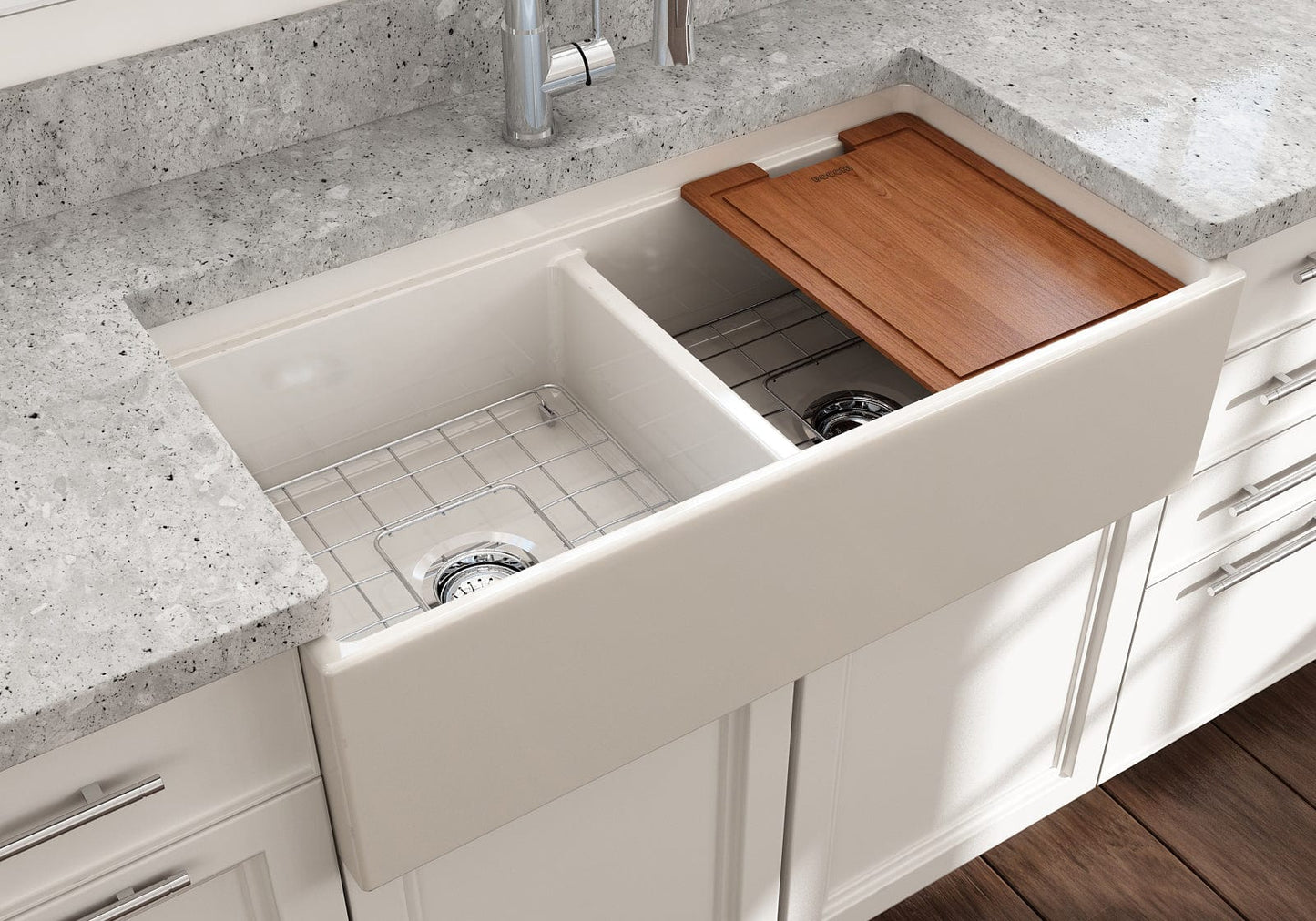 BOCCHI CONTEMPO 36" Step Rim Fireclay Farmhouse Double Bowl Kitchen Sink with Protective Bottom Grid and Strainer, front view with wooden cutting board.