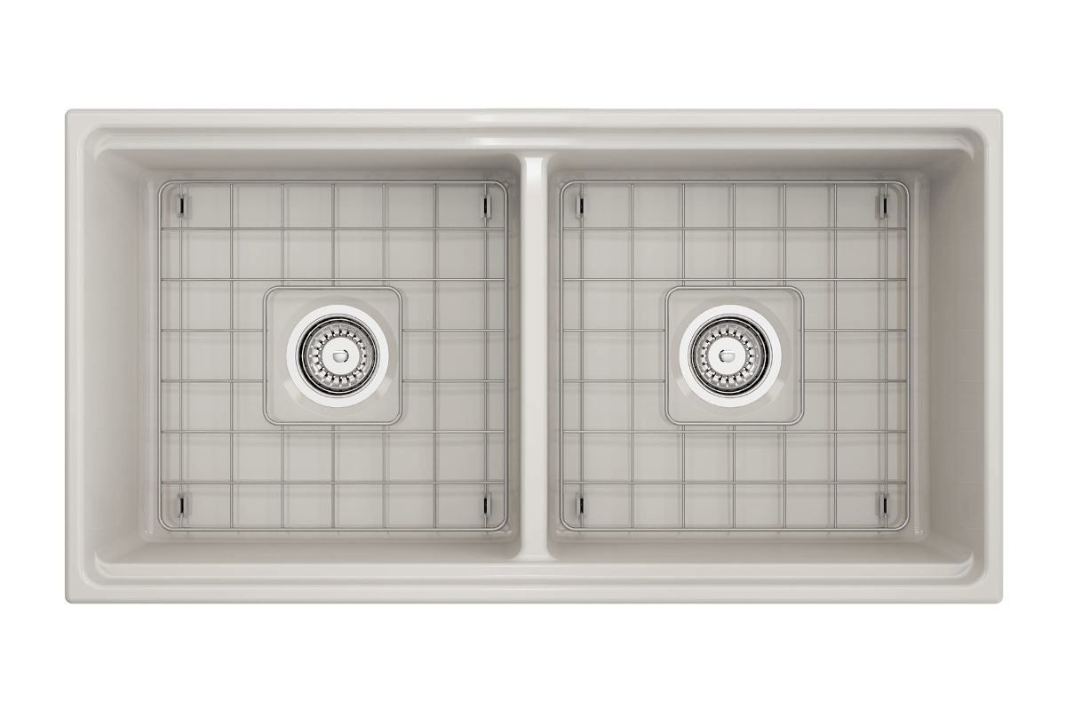 BOCCHI CONTEMPO 36" Step Rim Fireclay Farmhouse Double Bowl Kitchen Sink with Protective Bottom Grid and Strainer, overhead view.