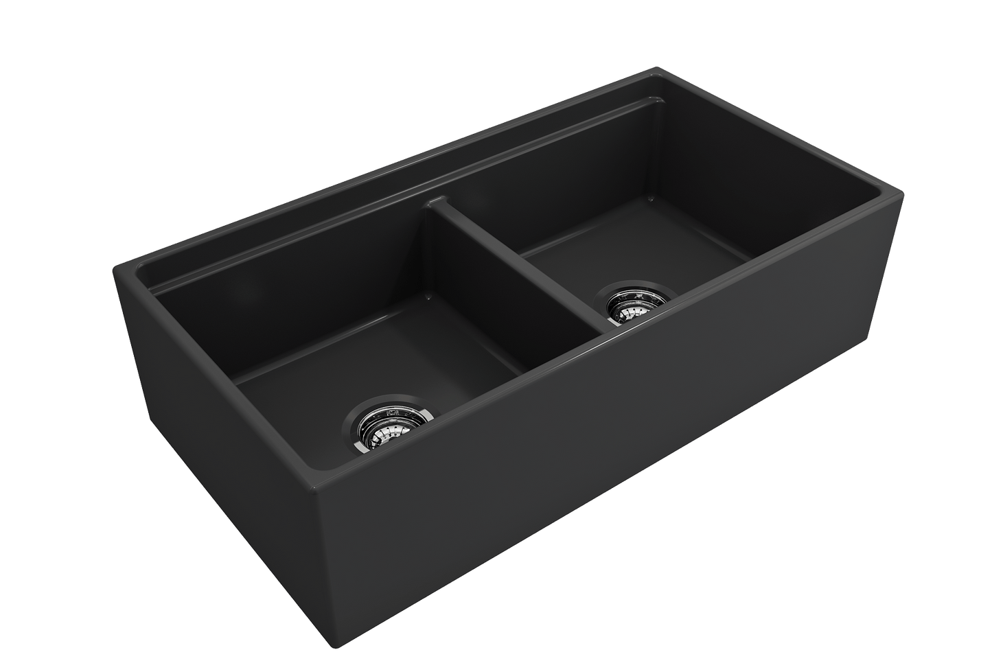 BOCCHI CONTEMPO 36" Step Rim Fireclay Farmhouse Double Bowl Kitchen Sink with Protective Bottom Grid and Strainer in matte black finish, angled view.
