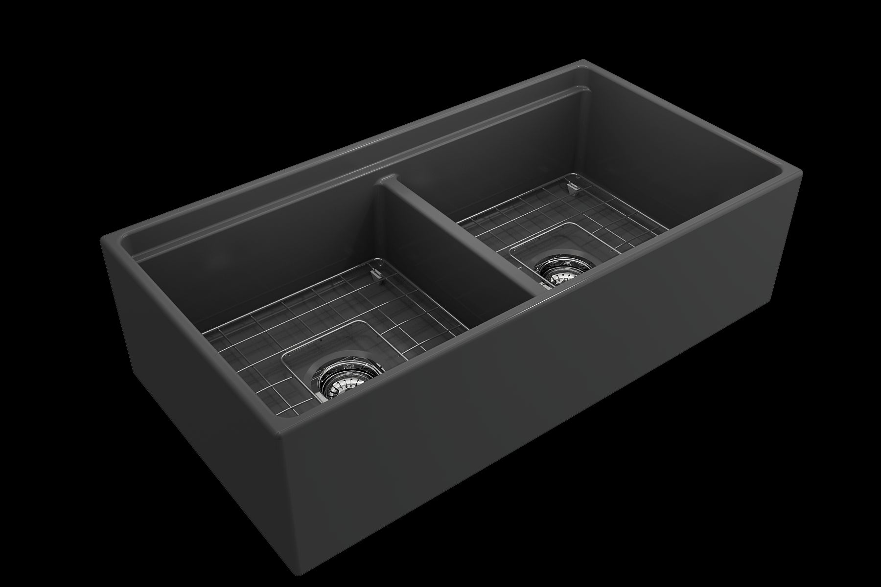 BOCCHI CONTEMPO 36" Step Rim Fireclay Farmhouse Double Bowl Kitchen Sink with Protective Bottom Grid and Strainer - Matte Dark Gray