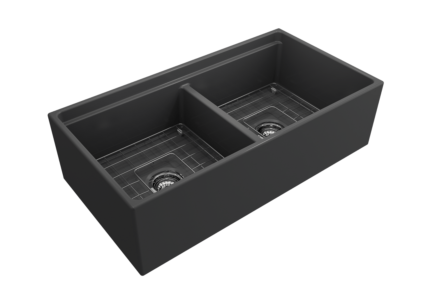 BOCCHI CONTEMPO 36" Step Rim Fireclay Farmhouse Double Bowl Kitchen Sink with Protective Bottom Grid and Strainer, black finish, top view