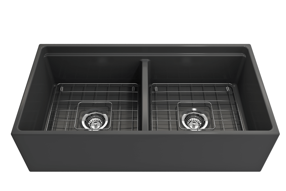 Top view of BOCCHI CONTEMPO 36" Step Rim Fireclay Farmhouse Double Bowl Kitchen Sink with Protective Bottom Grid and Strainer in matte black.