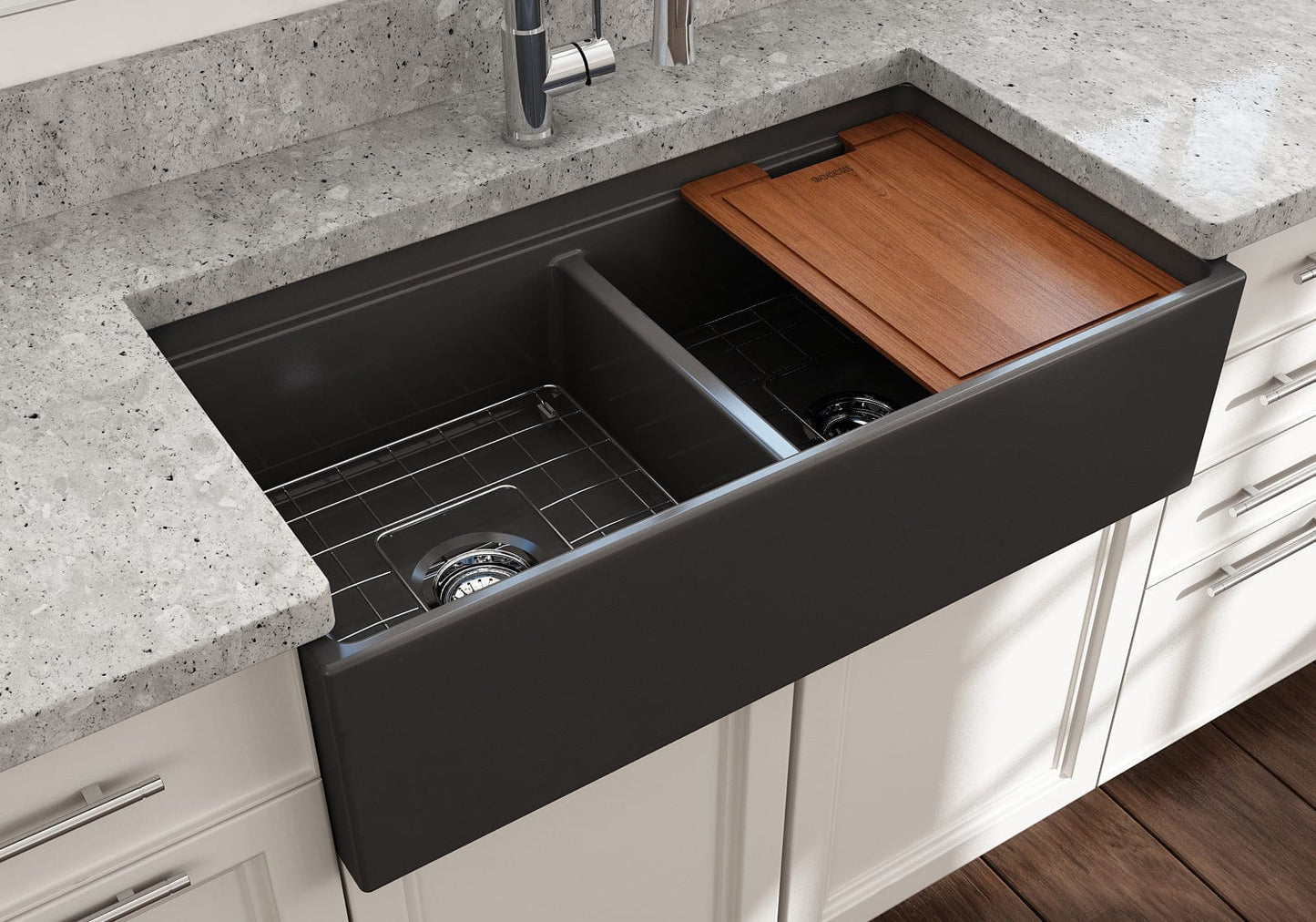 BOCCHI CONTEMPO 36" Step Rim Fireclay Farmhouse Double Bowl Kitchen Sink with Protective Bottom Grid and Strainer - black finish, top-down view.