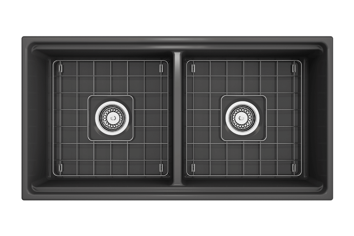 Top view of BOCCHI CONTEMPO 36" Step Rim Fireclay Farmhouse Double Bowl Kitchen Sink with Protective Bottom Grid and Strainer in Matte Dark Gray.