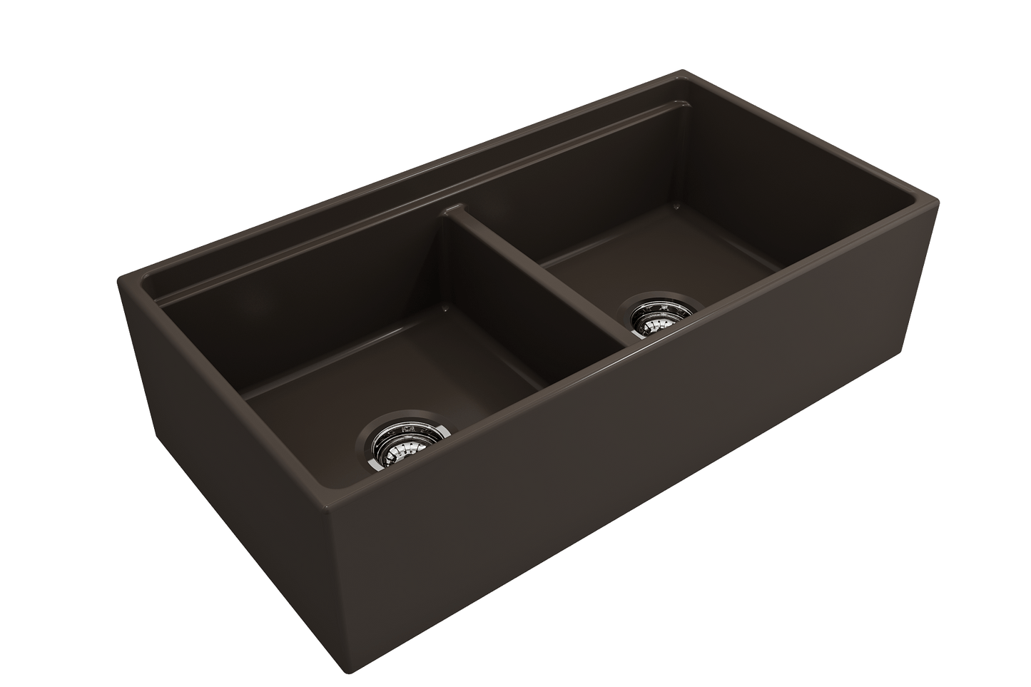 BOCCHI CONTEMPO 36" Step Rim Fireclay Farmhouse Double Bowl Kitchen Sink with Protective Bottom Grid and Strainer in dark brown finish, right side view.