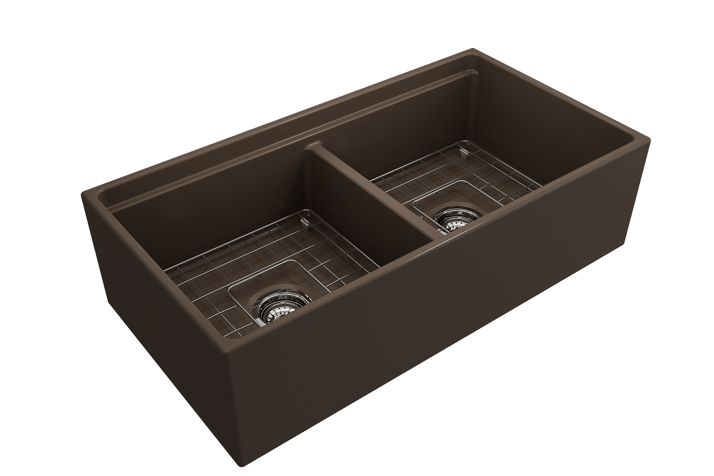 BOCCHI CONTEMPO 36" Step Rim Fireclay Farmhouse Double Bowl Kitchen Sink with Protective Bottom Grid and Strainer, brown finish, angled view.