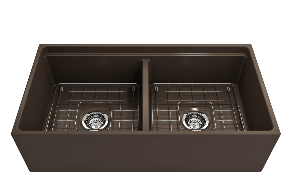 BOCCHI CONTEMPO 36" Step Rim Fireclay Farmhouse Double Bowl Kitchen Sink with Protective Bottom Grid in brown overview