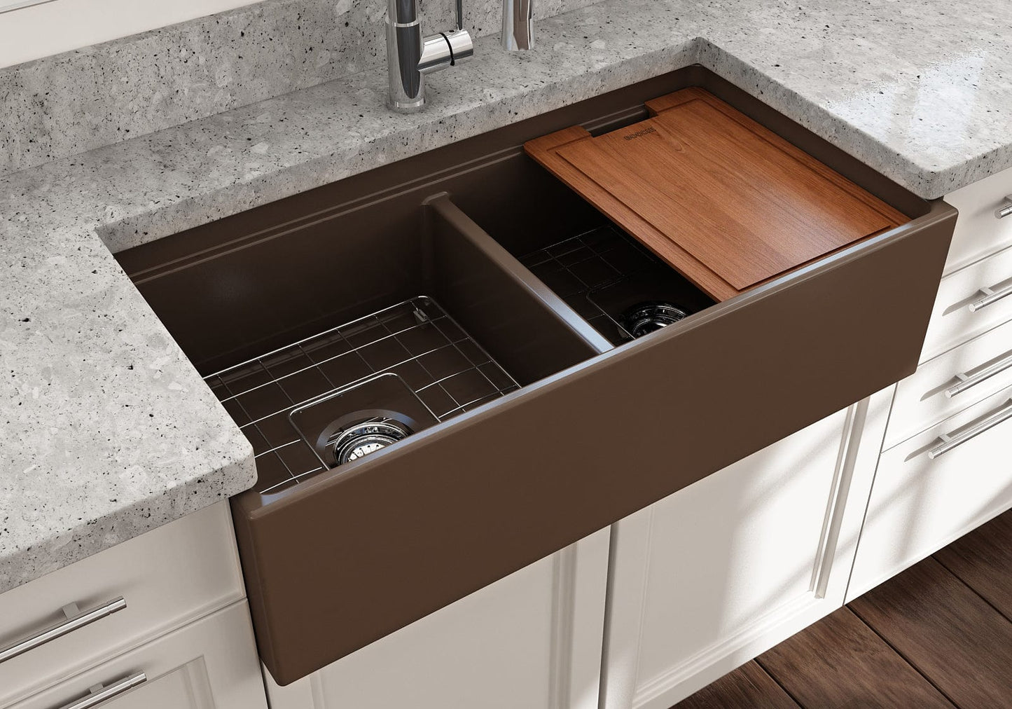 BOCCHI CONTEMPO 36" Step Rim Fireclay Farmhouse Double Bowl Kitchen Sink with Protective Bottom Grid and Strainer - brown finish, top view