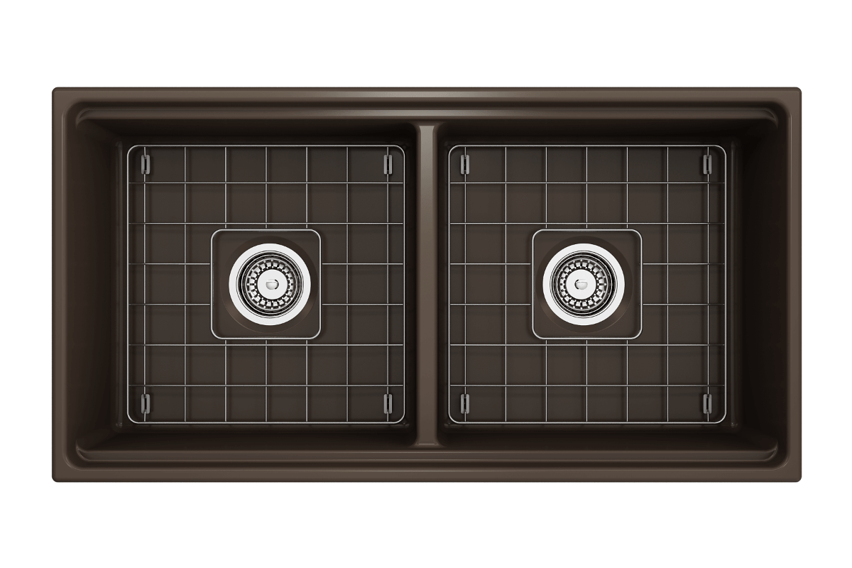 Top view of BOCCHI CONTEMPO 36" Step Rim Fireclay Farmhouse Double Bowl Kitchen Sink with Protective Bottom Grid and Strainer in Matte Brown.