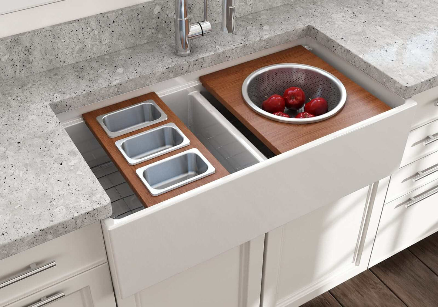BOCCHI Prep Board Set for Workstation Sinks - Round SS Mixing Bowl & Colander - 2320 0015 in a modern kitchen sink.