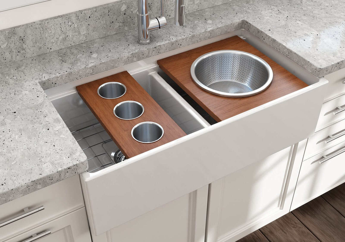 BOCCHI Prep Board Set for Workstation Sinks - Round SS Mixing Bowl & Colander - 2320 0015 in a kitchen sink.