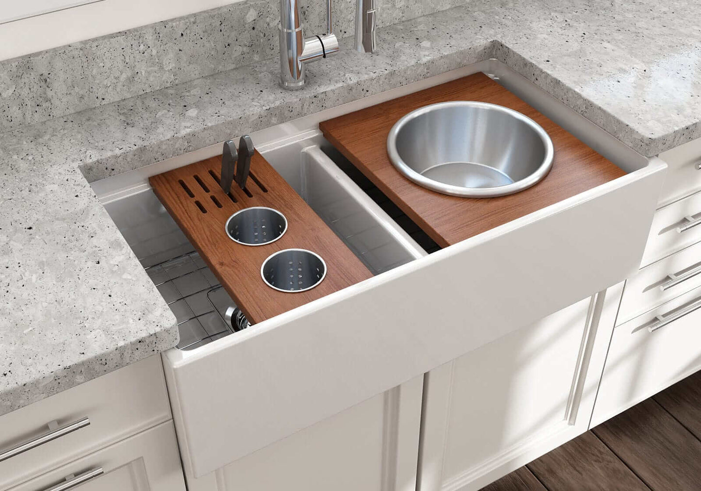 BOCCHI Prep Board Set for Workstation Sinks - Round SS Mixing Bowl & Colander - 2320 0015 installed in elegant kitchen sink.