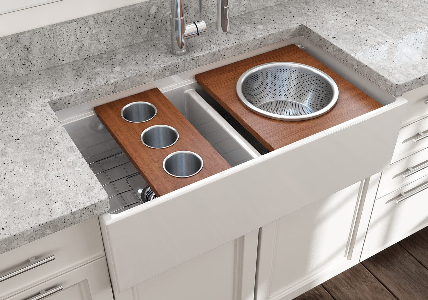 BOCCHI Prep Board Set for Workstation Sinks with 3 Round Stainless Steel Bowls 2320 0011 in a kitchen sink