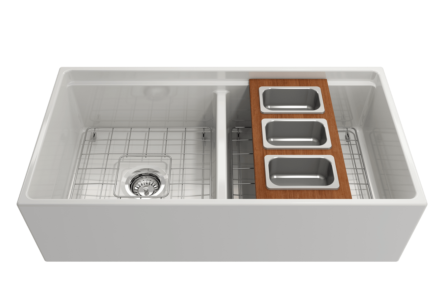 Bocchi Wood Board for Workstation Sinks - with 3 Rectangular Stainless Steel Bowls - 2320 0013 placed over a stylish sink.