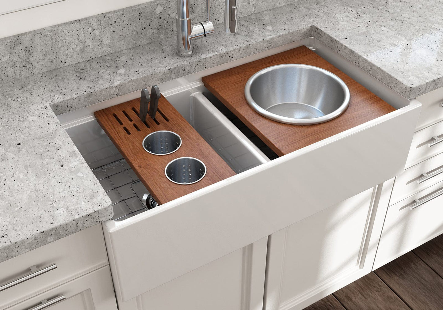 BOCCHI Workstation Prep Board Set - 2 Round Stainless Steel Colanders & Knife Holder 2320 0009 with hardwood and silver accents.