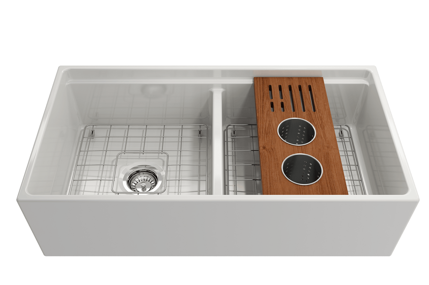 BOCCHI Workstation Prep Board Set - 2 Round Stainless Steel Colanders & Knife Holder 2320 0009 in white with wooden knife holder.