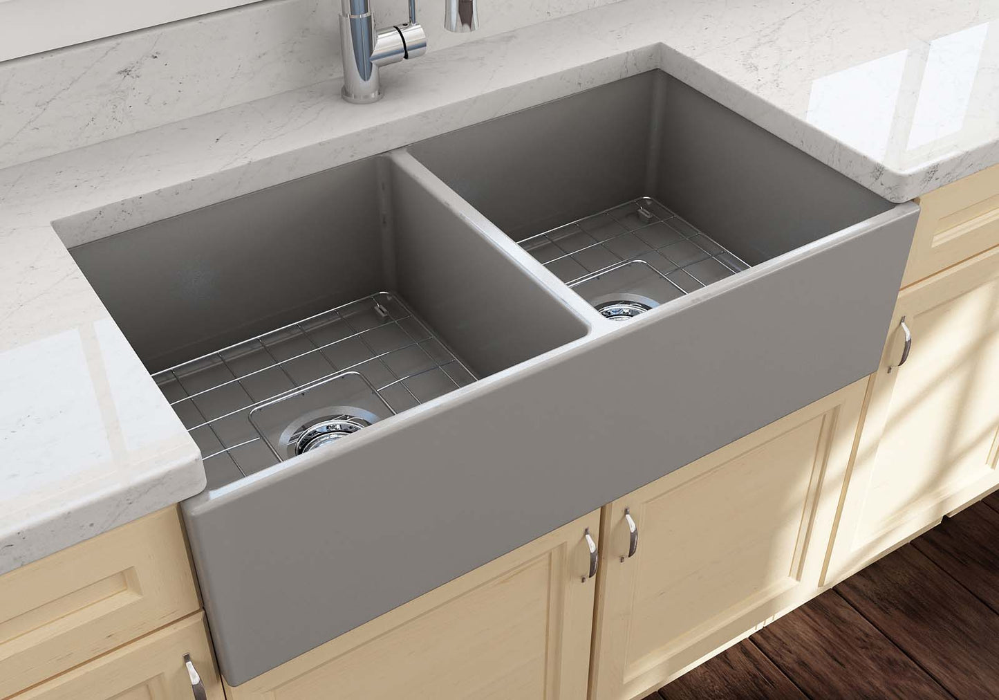 BOCCHI CONTEMPO 36" Fireclay Farmhouse Double Bowl Kitchen Sink with Protective Bottom Grid and Strainer - gray finish, top view.