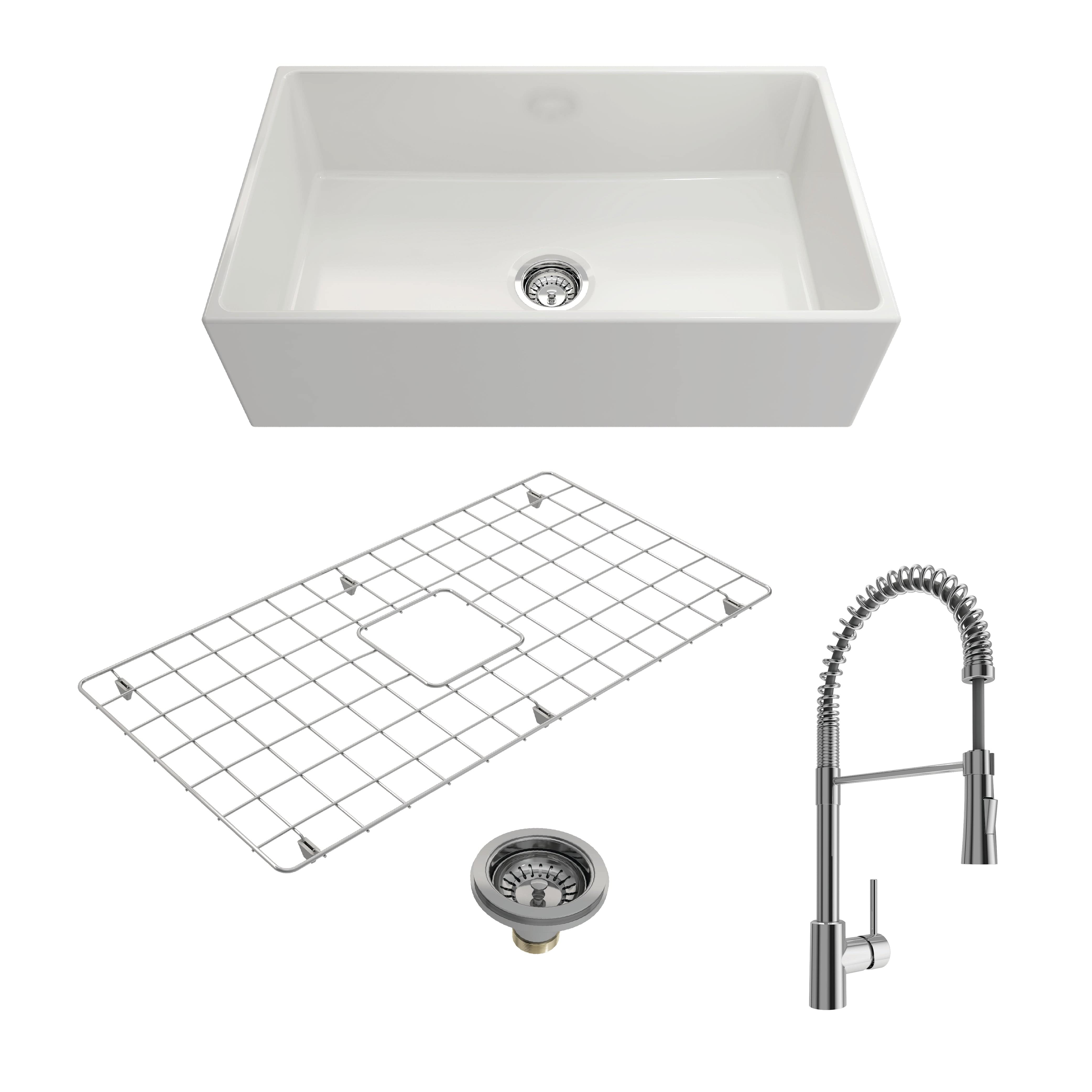 BOCCHI CONTEMPO 33" Fireclay Kitchen Sink with Protective Bottom Grid and Strainer with Livenza 2.0 Faucet