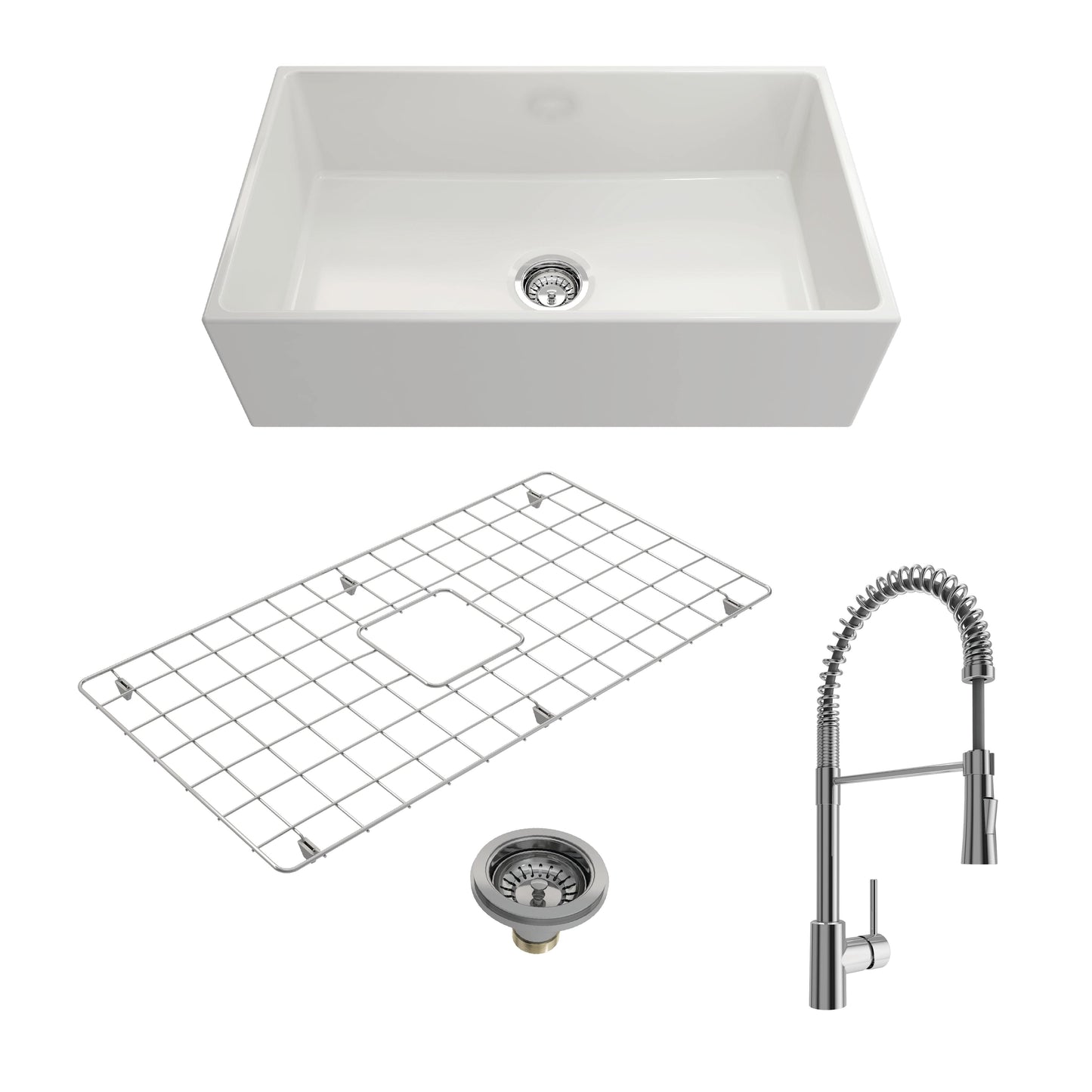 BOCCHI CONTEMPO 33" Fireclay Kitchen Sink with Bottom Grid, Strainer & Livenza Faucet in white and chrome.