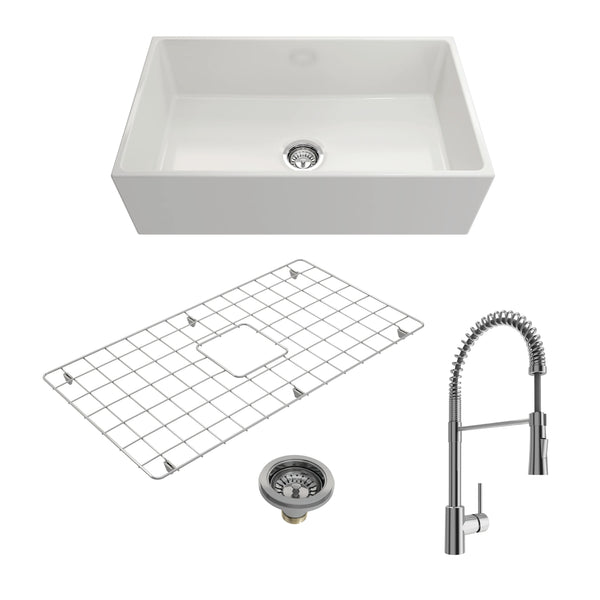 BOCCHI CONTEMPO 33 Fireclay Kitchen Sink with Protective Bottom Grid and Strainer with Livenza 2.0 Faucet
