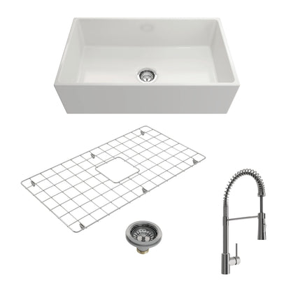 BOCCHI CONTEMPO 33" Fireclay Kitchen Sink with Bottom Grid, Strainer & Livenza Faucet in white with stainless steel finish.