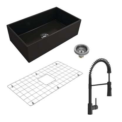 BOCCHI CONTEMPO 33" Fireclay Kitchen Sink with Bottom Grid, Strainer & Livenza Faucet in Matte Black finish.