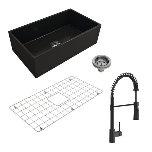 BOCCHI CONTEMPO 33" Fireclay Kitchen Sink with Bottom Grid, Strainer & Livenza Faucet in Matte Black finish.