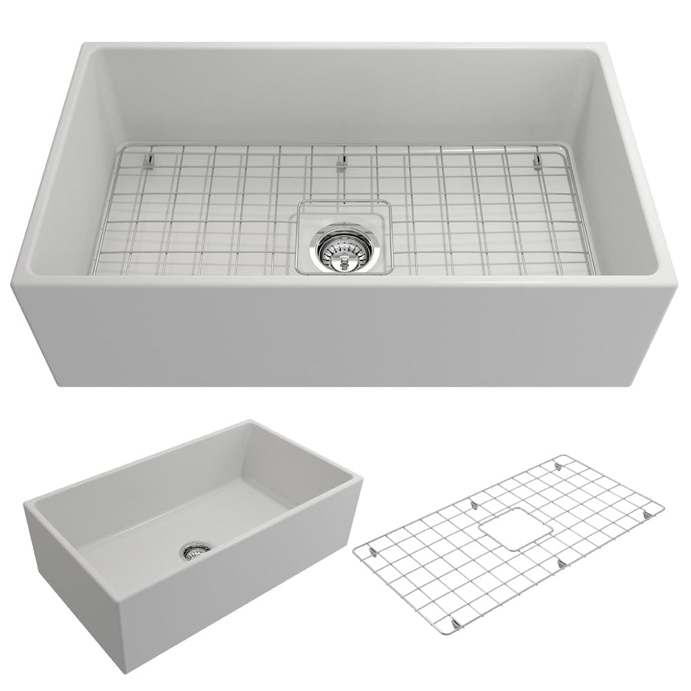Product image of the Bocchi Contempo 33" Fireclay Farmhouse sink in Matte White detailing included parts below main image