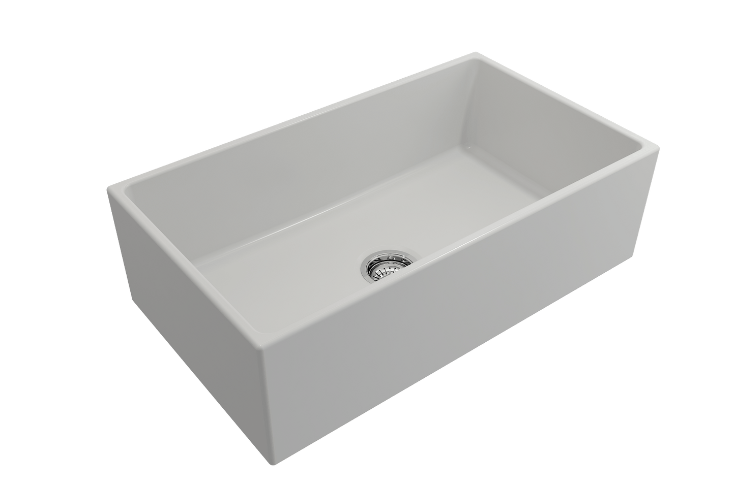 Top corner angle of Bocchi Contempo Fireclay Farmhouse Sink in Matte White showing center drain placement and included sink strainer