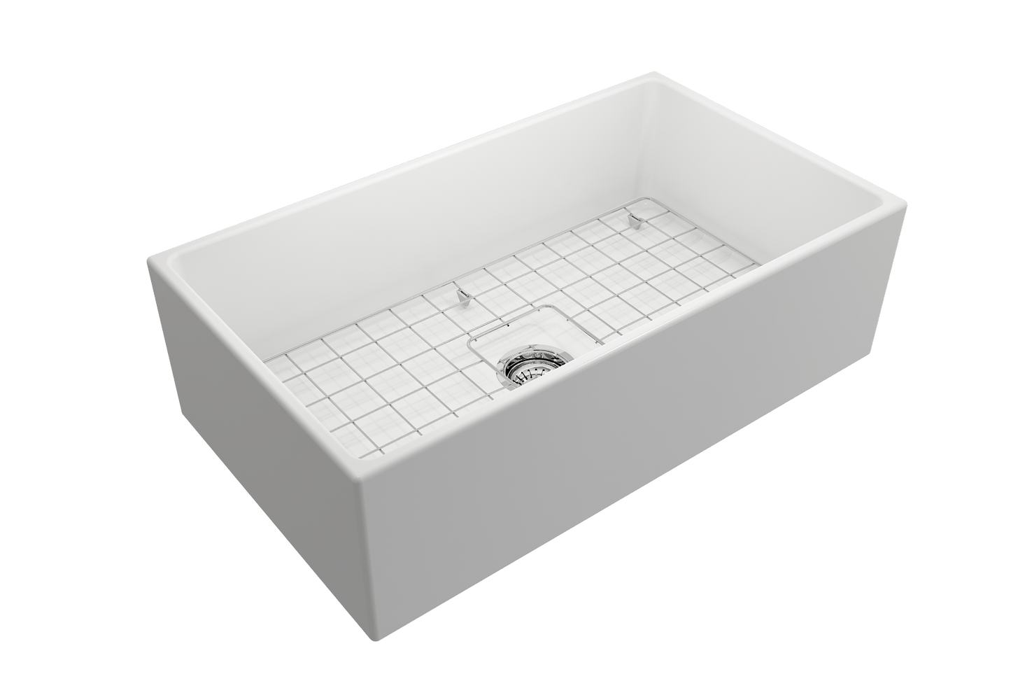 Top corner angle of Bocchi Contempo Fireclay Farmhouse Sink in Matte White showing center drain placement, bottom grid and included sink strainer