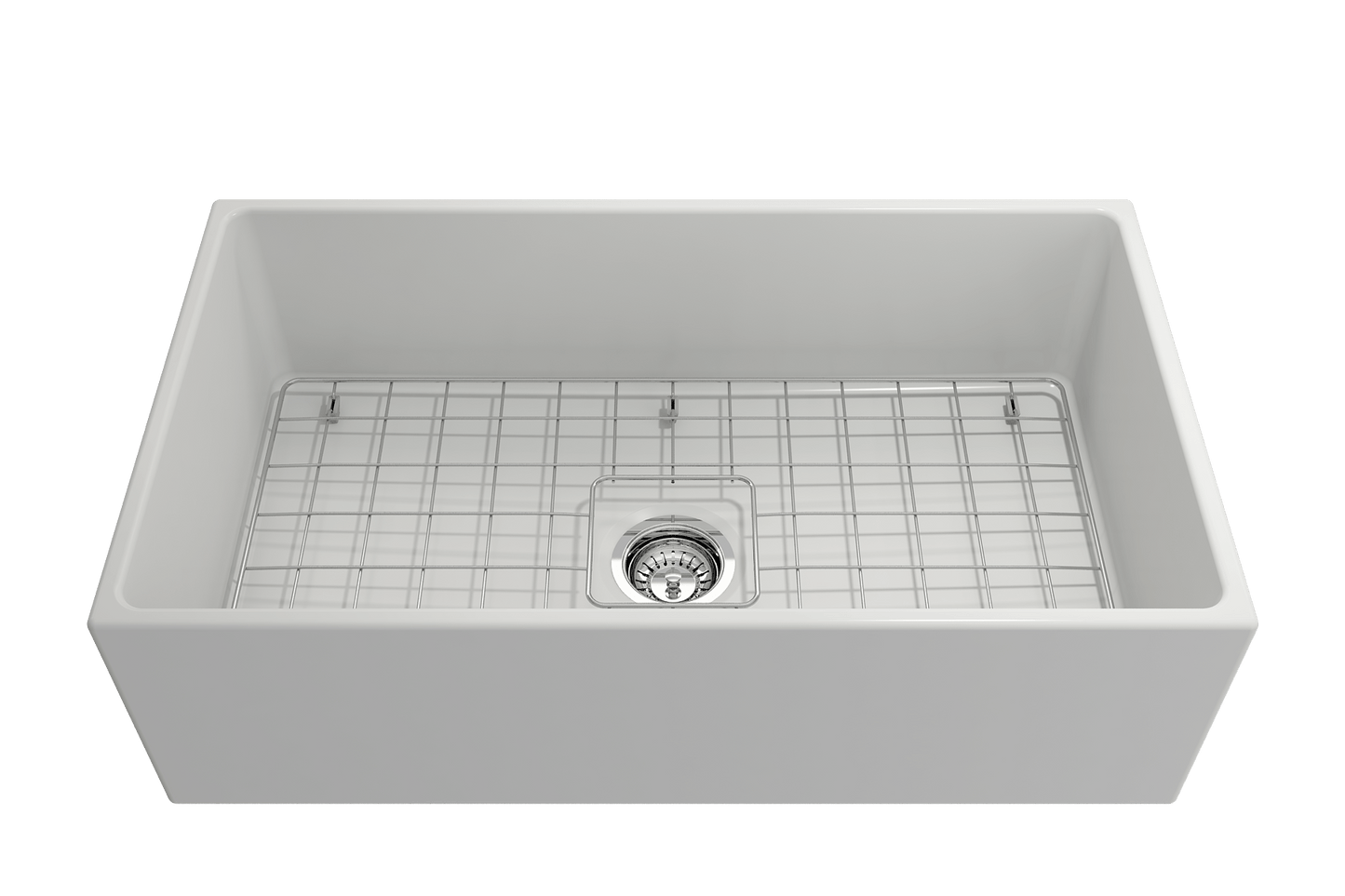 Front angle view of Bocchi Contempo 33" Fireclay Farmhouse Sink in Matte White showing included bottom strainer and bottom grid.