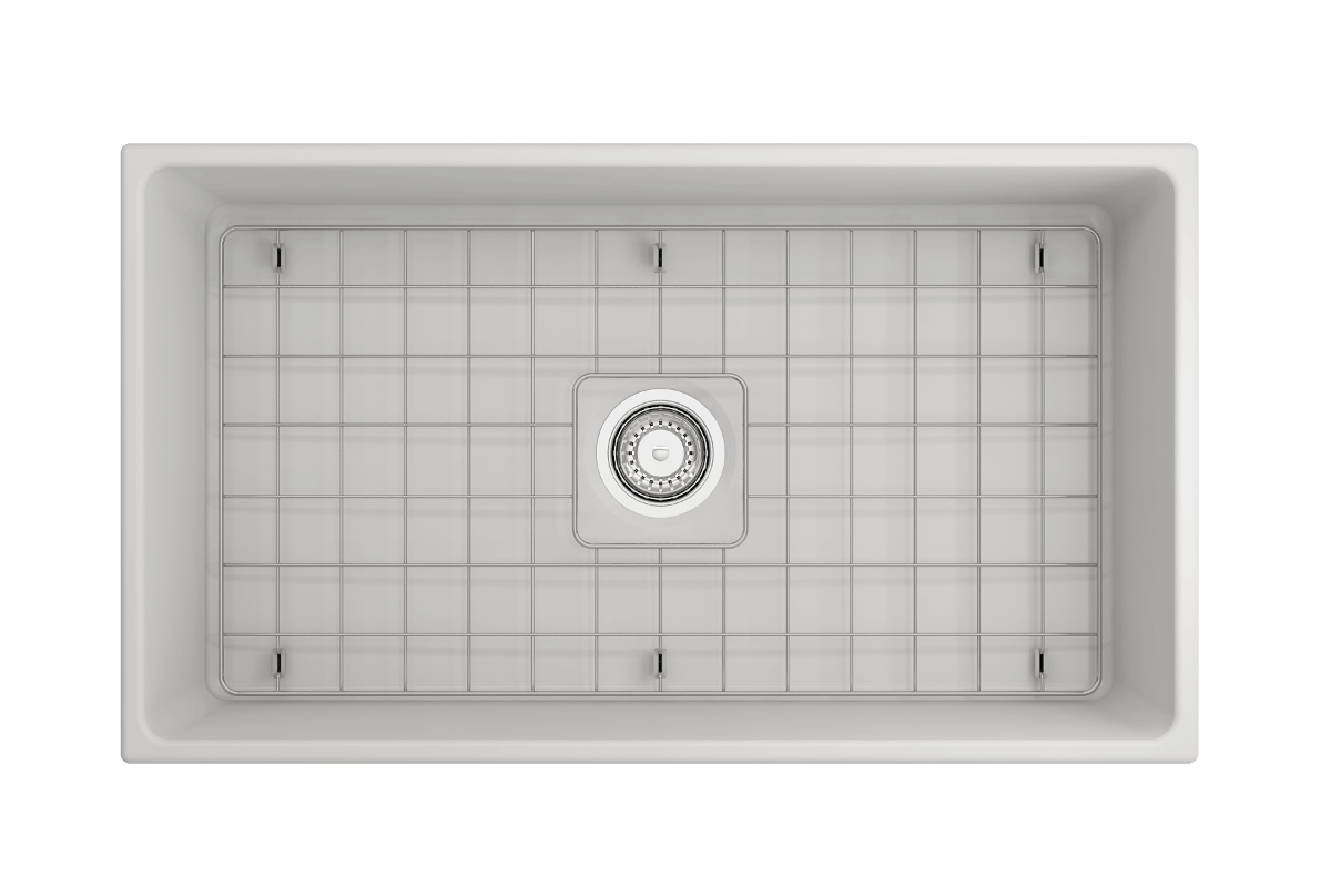 Top-Down view of Matte White Bocchi Contempo 33" Fireclay Farmhouse Sink with included bottom grid and strainer