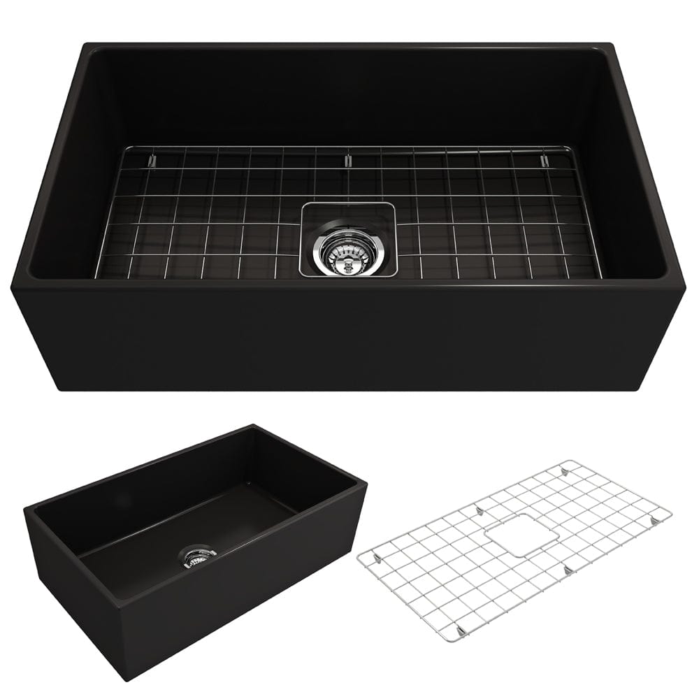 Product image of the Bocchi Contempo 33" Fireclay Farmhouse sink in Matte Black detailing included parts below main image