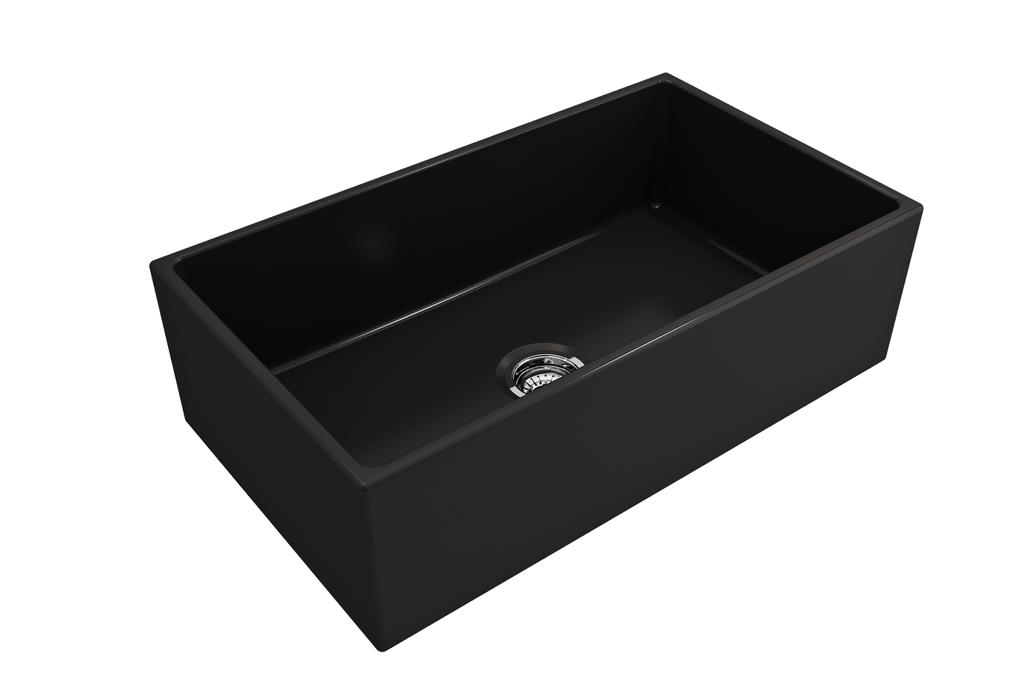 Top corner angle of Bocchi Contempo Fireclay Farmhouse Sink in Matte Black showing center drain placement and included sink strainer